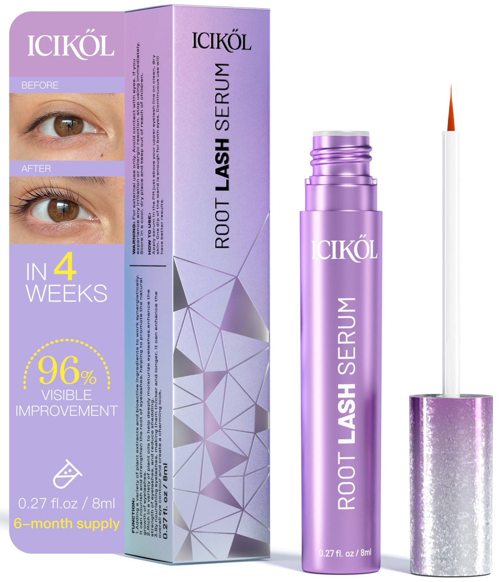 ICIKOL Eyelash Serum bottle shows nourishing formula for daily lash care.