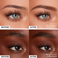 ICONIC LONDON Brow Tint and Texture angled brush lifting brow hairs for a feathery finish.