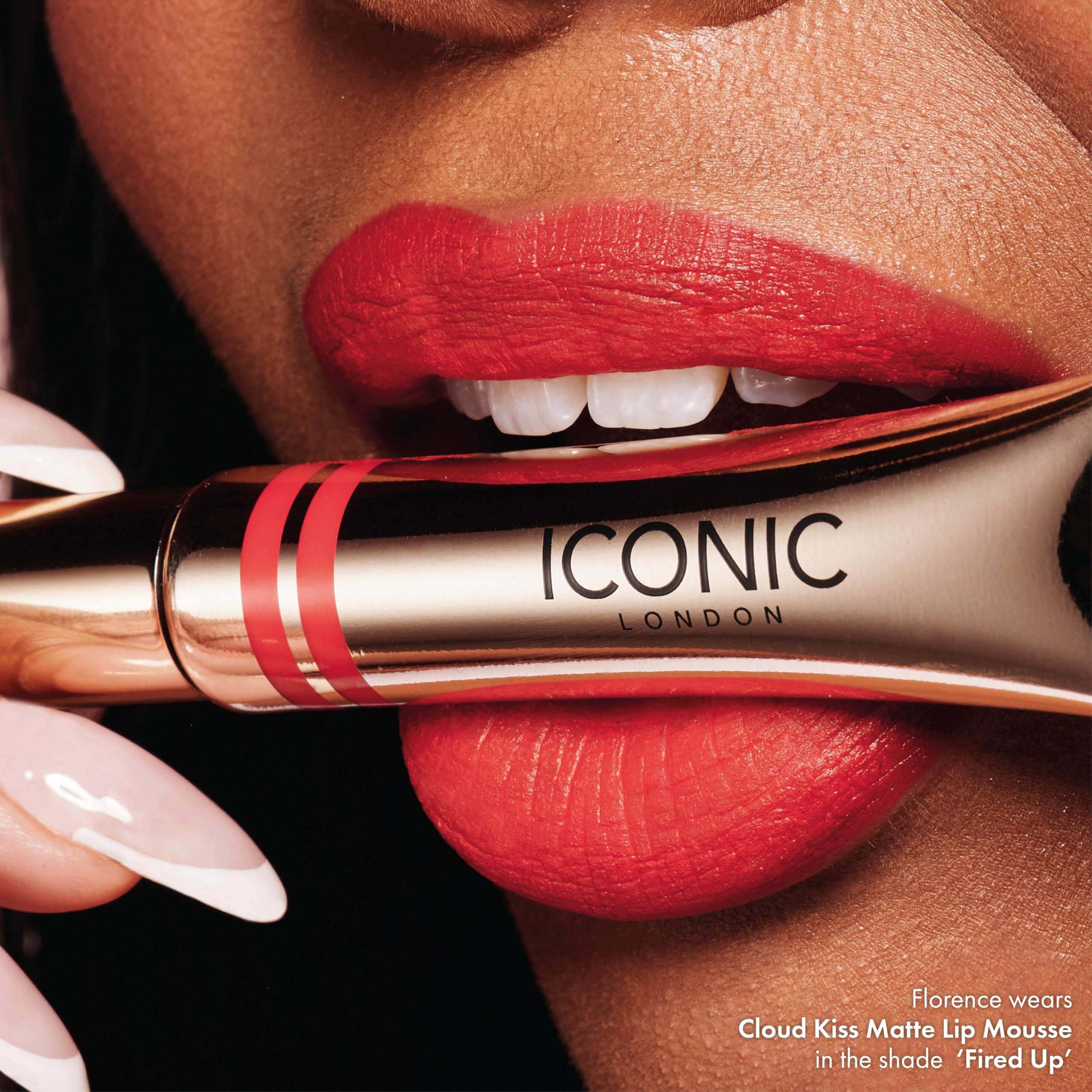 ICONIC LONDON Cloud Kiss Matte Lip Mousse on lips delivers comfortable, kissable finish.
