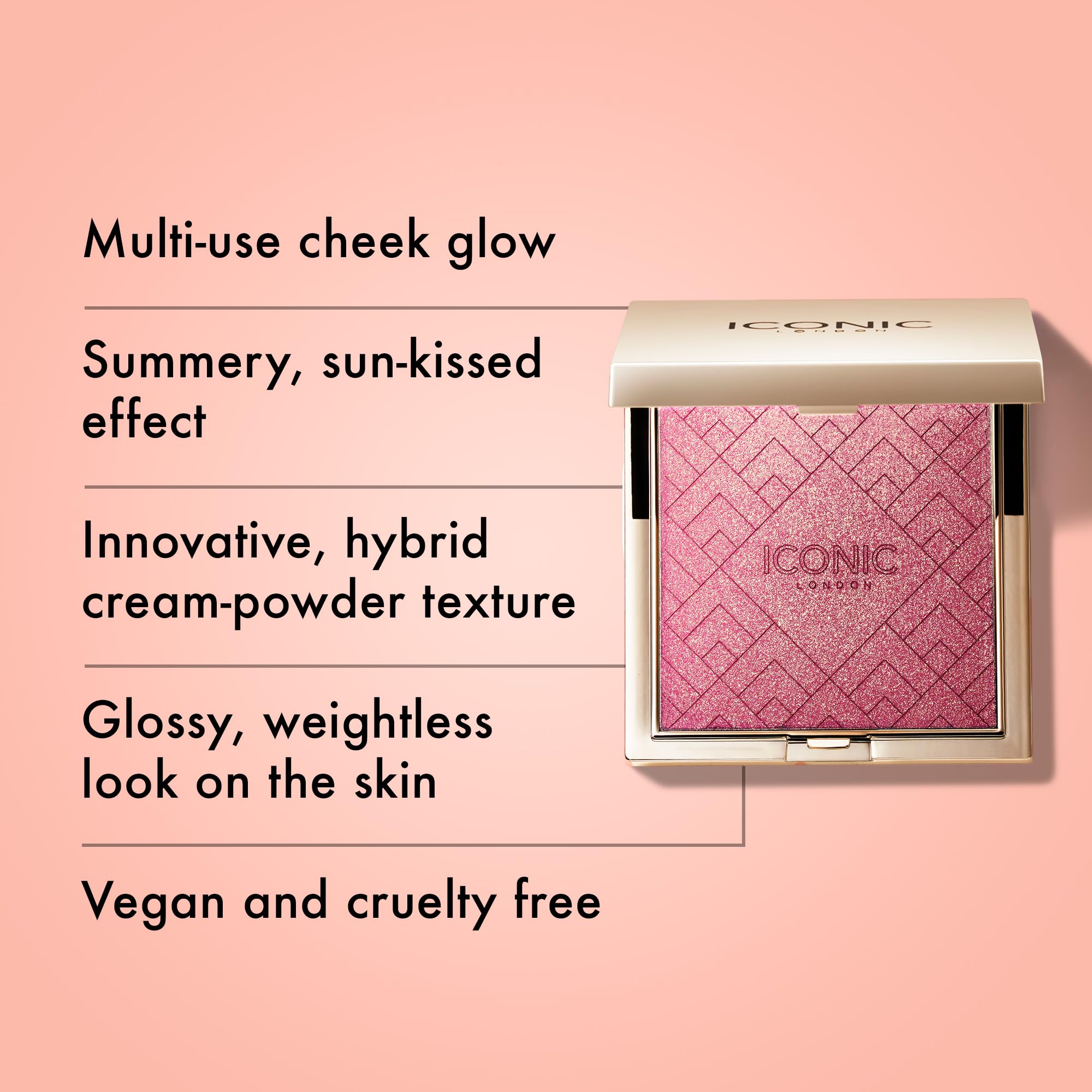 ICONIC LONDON Kissed by the Sun highlighter topper adds radiant cheekbone glow.