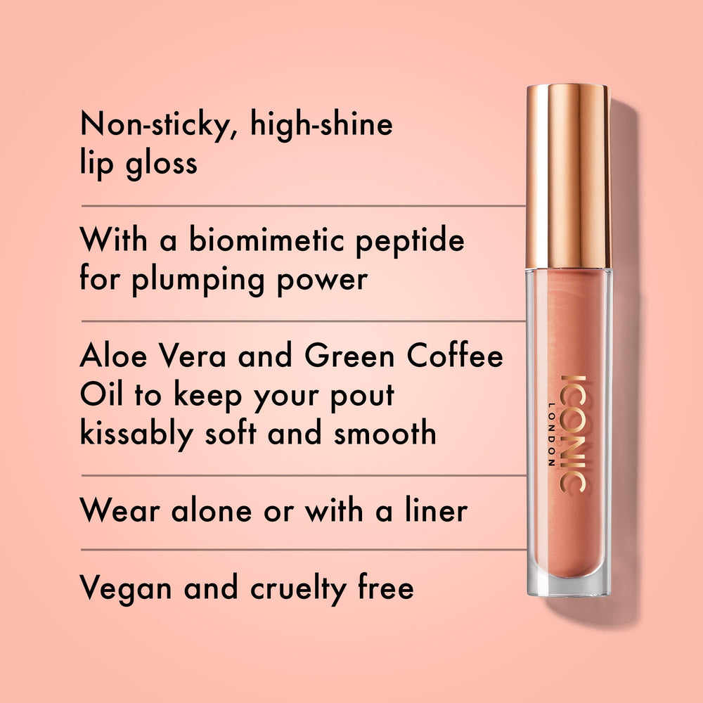 ICONIC LONDON Lip Pumping Gloss on lips provides defined, voluminous, hydrated look.