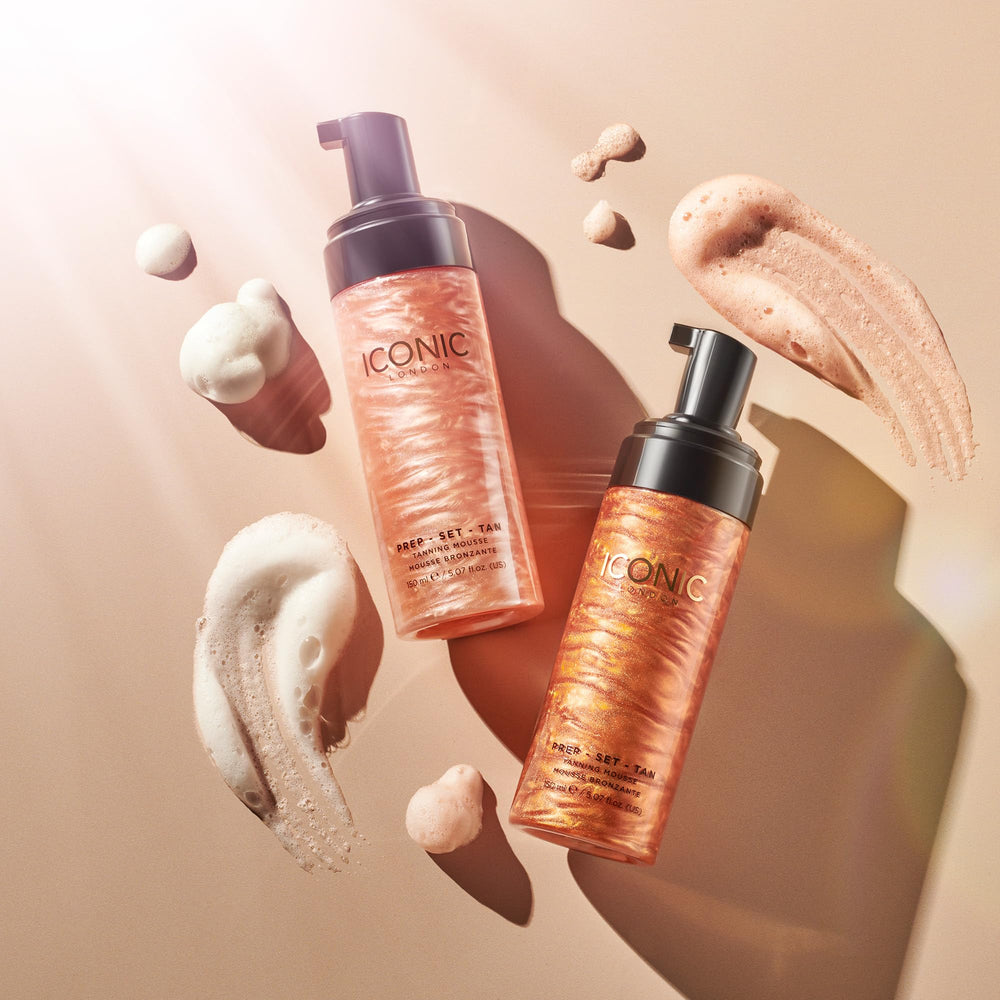 ICONIC LONDON Prep Set Tan Mousse packaging highlights vegan cruelty-free status.