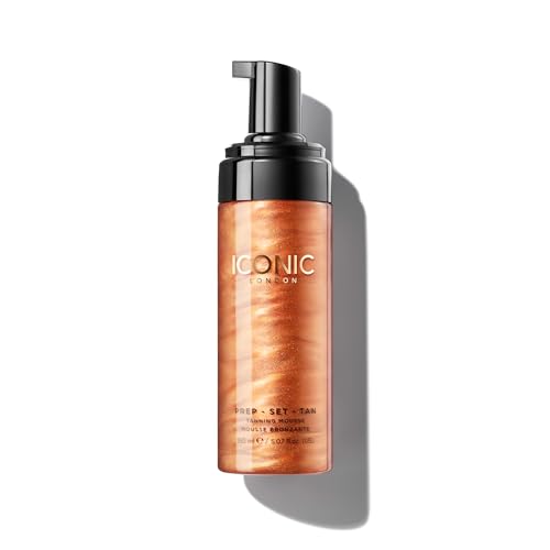 ICONIC LONDON Prep Set Tan Mousse texture close-up shows lightweight blendable formula.