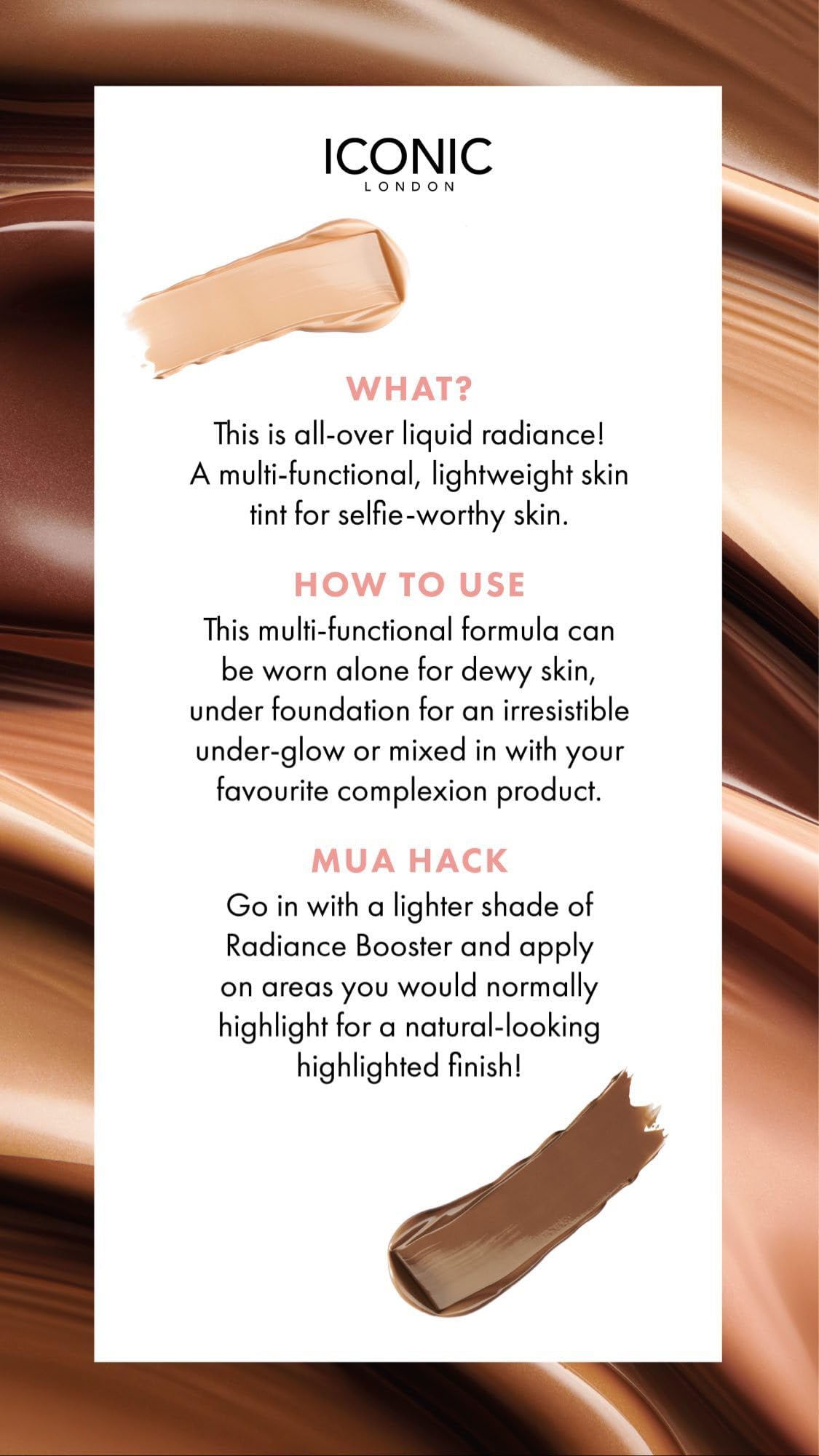 ICONIC LONDON Radiance Booster applied to the face for radiant base