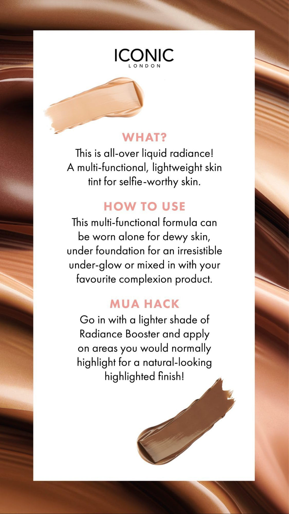 ICONIC LONDON Radiance Booster applied to the face for radiant base