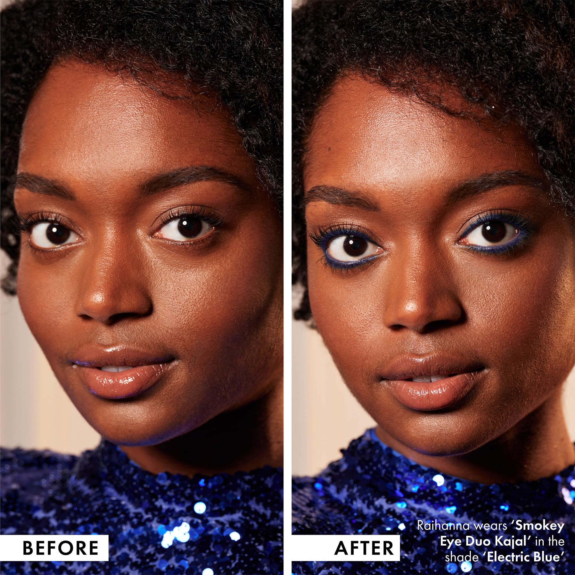 ICONIC LONDON eye look with smoky blue liner showing defined lash line