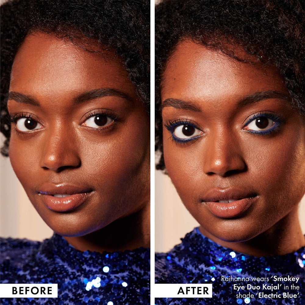 ICONIC LONDON eye look with smoky blue liner showing defined lash line