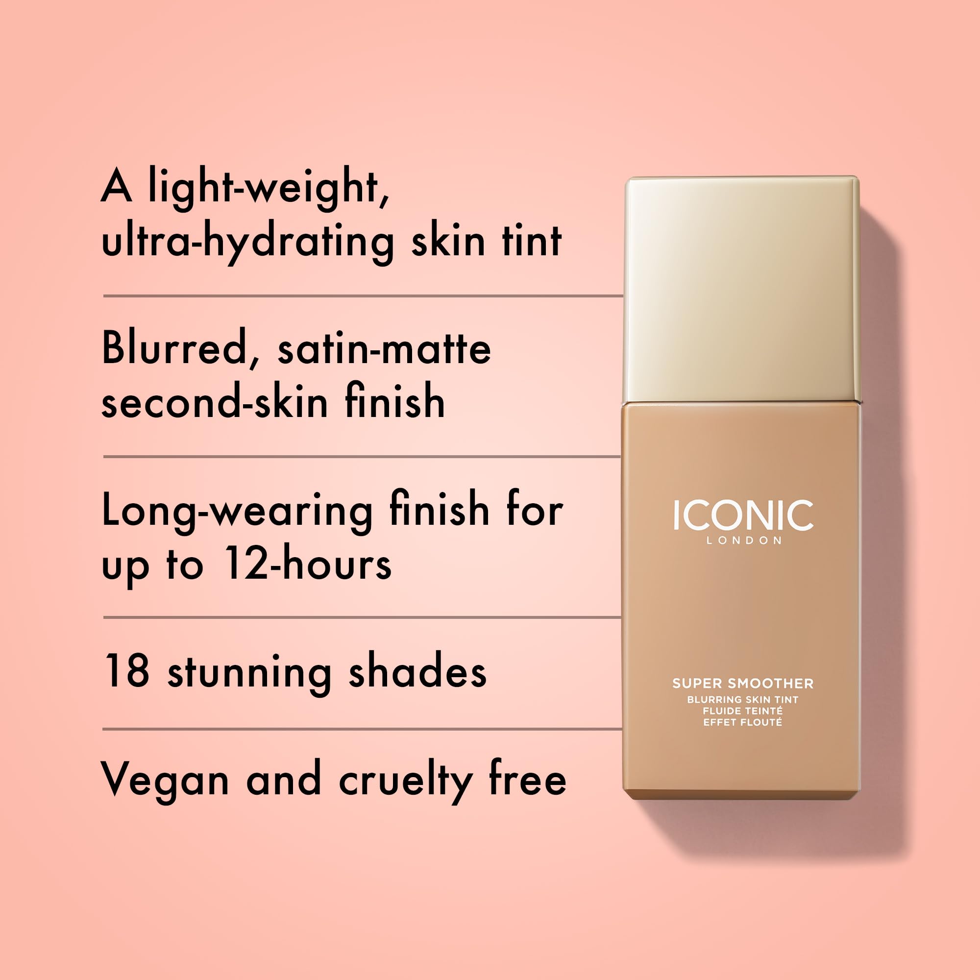 Skin swatch on the palm shows buildable light to medium coverage with a subtle glow.