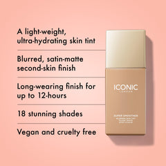 Skin swatch on the palm shows buildable light to medium coverage with a subtle glow.