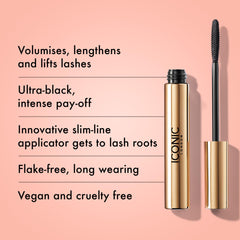 ICONIC LONDON Triple Threat Mascara base-to-tip application demonstrates volumizing formula.