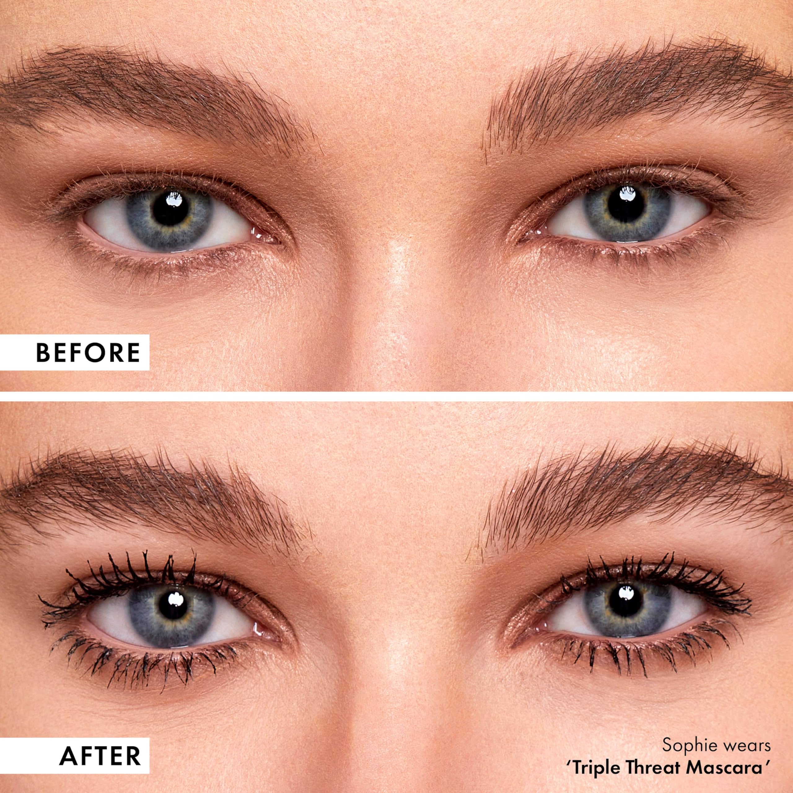 ICONIC LONDON Triple Threat Mascara on full lash line for dramatic flutter.