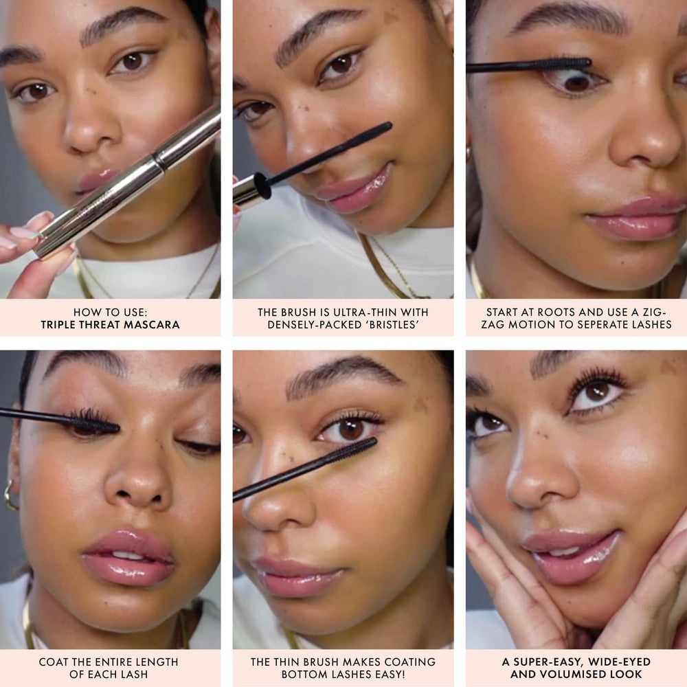 ICONIC LONDON Triple Threat Mascara on lashes shows lengthening and lifting effect.