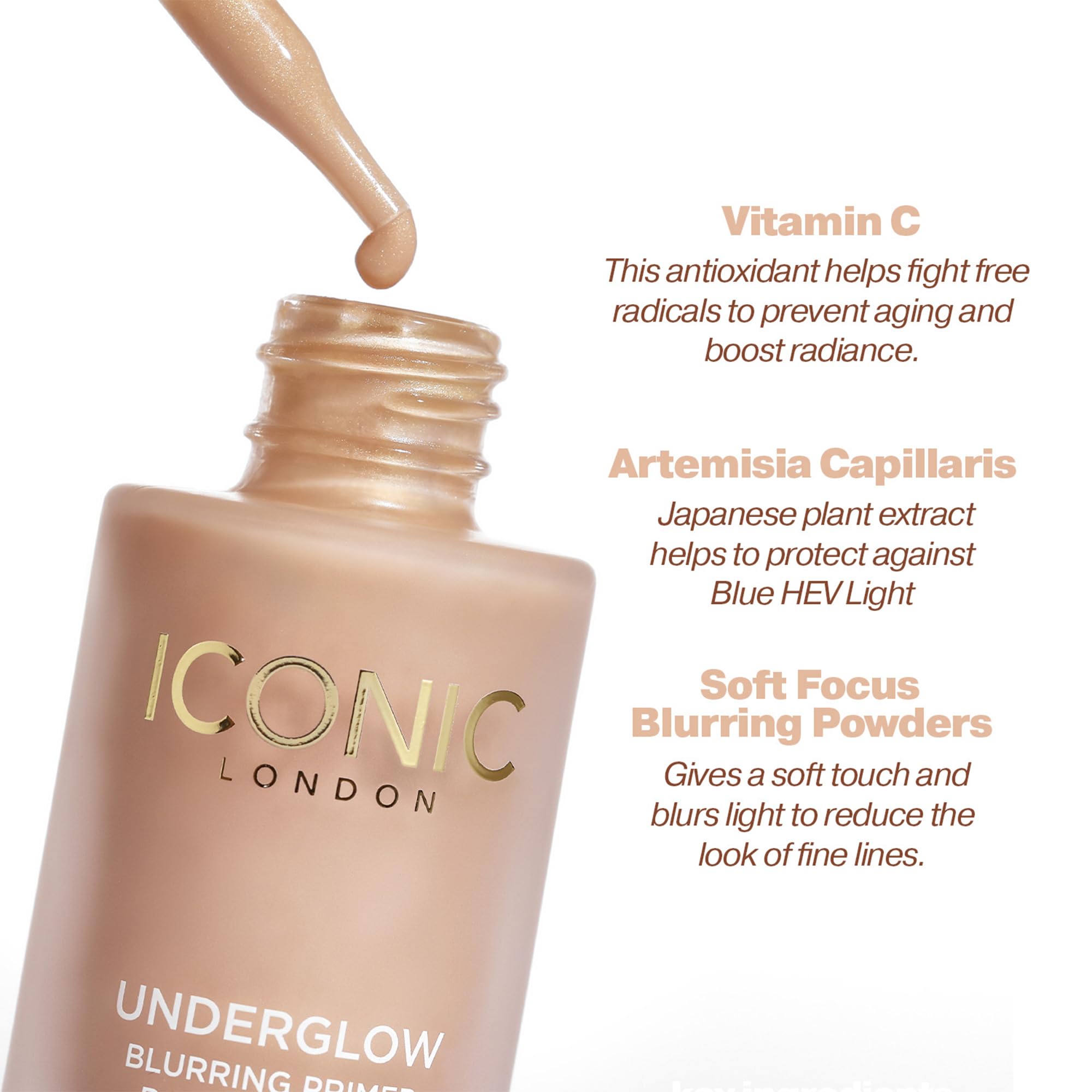 Iconic London Underglow Primer packaging close-up highlighting cruelty-free formula.