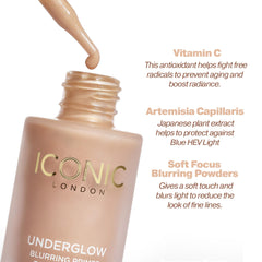 Iconic London Underglow Primer packaging close-up highlighting cruelty-free formula.