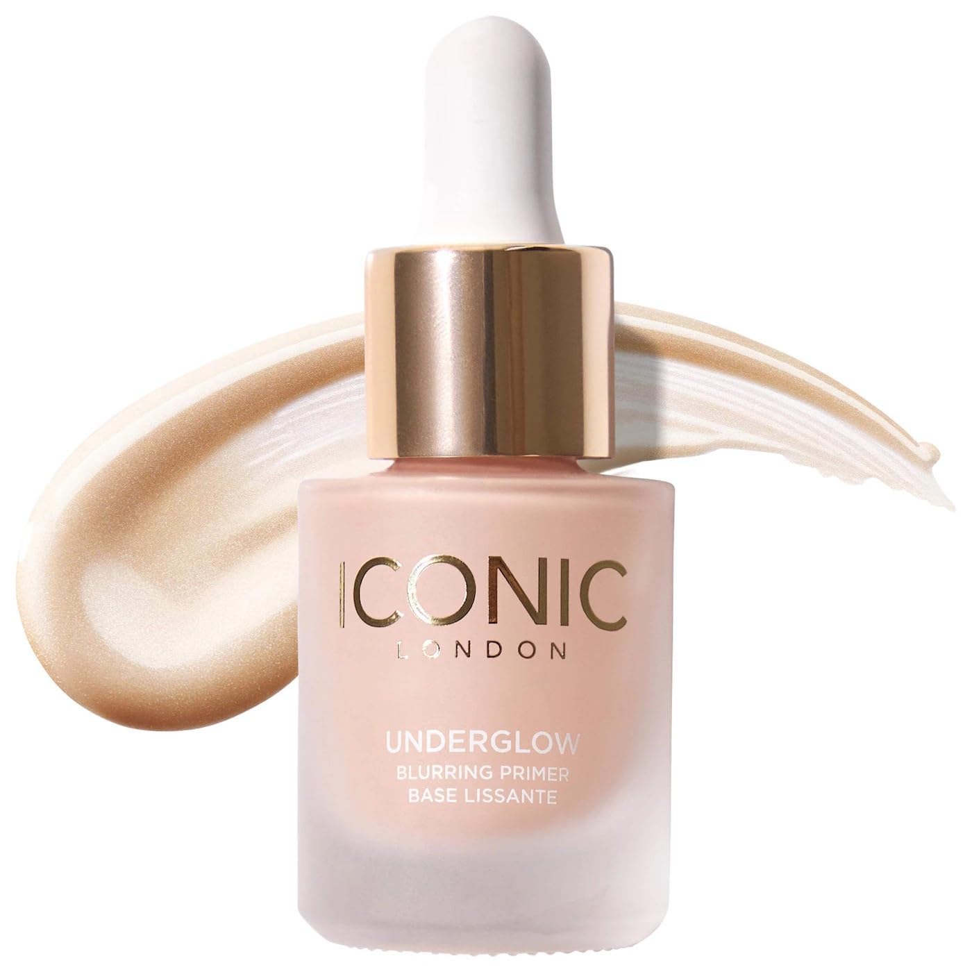 Iconic London Underglow Primer bottle ready for application, delivering a smooth, pore-minimizing base.