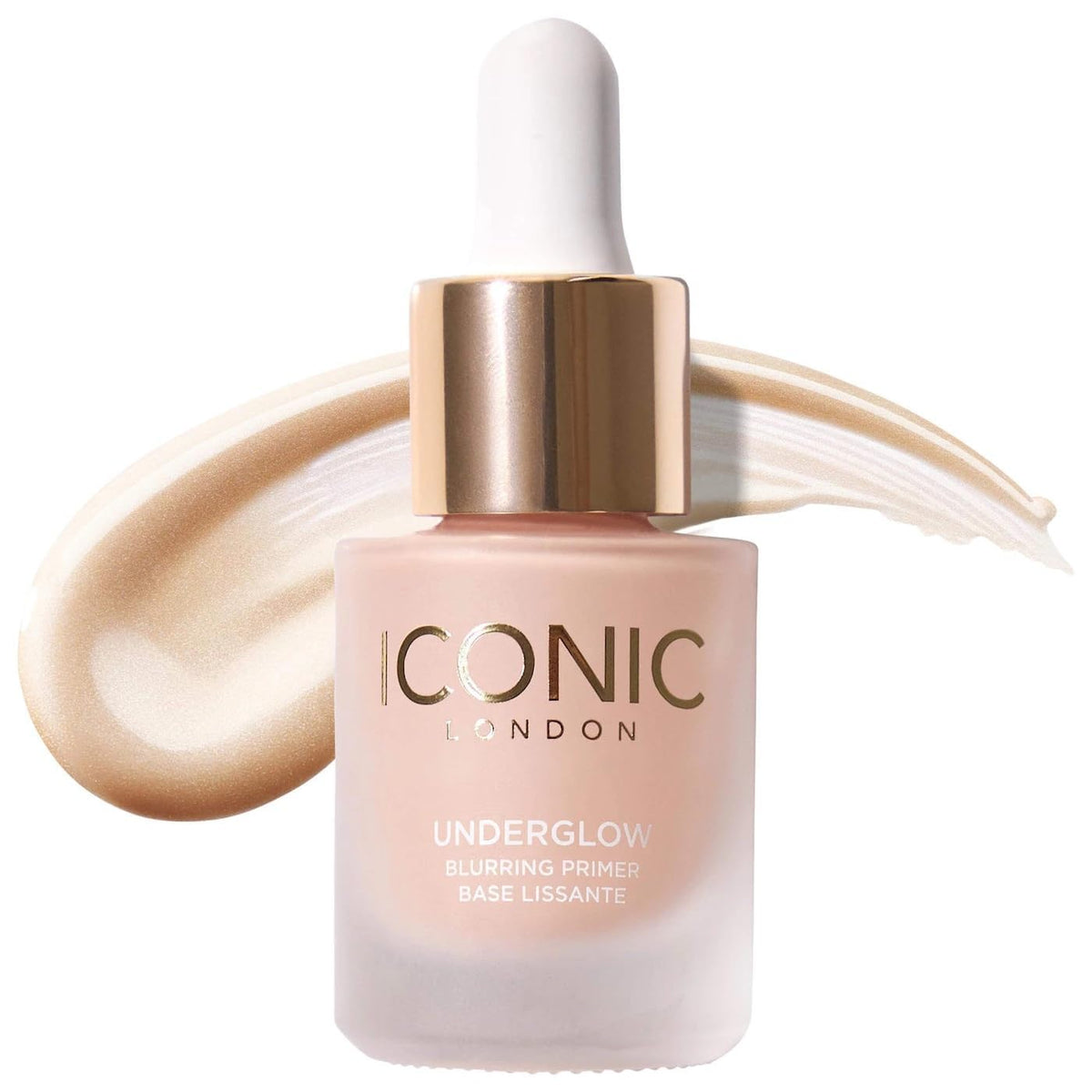 Iconic London Underglow Primer bottle ready for application, delivering a smooth, pore-minimizing base.