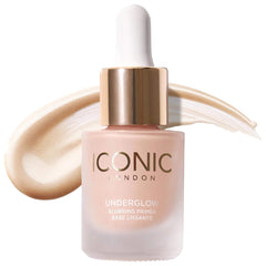 Iconic London Underglow Primer bottle ready for application, delivering a smooth, pore-minimizing base.