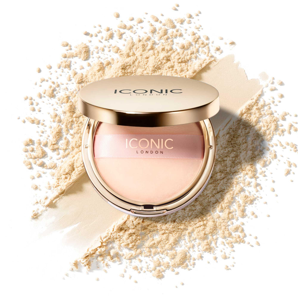 ICONIC LONDON Velvet Blur powder jar delivering weightless translucent setting for makeup.