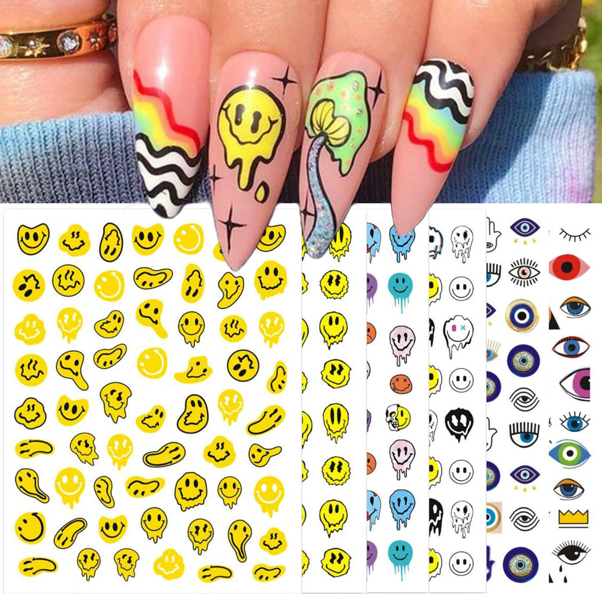 IDDFEVE abstract smiling face and evil eye sticker sheet for at-home nail art with shine