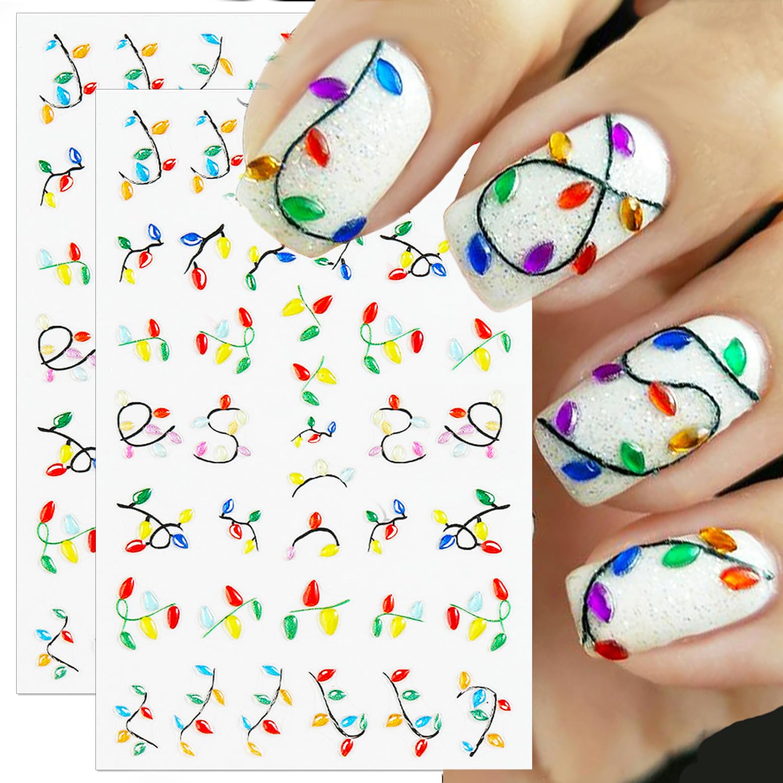 IDDFEVE Christmas nail stickers with light-string designs for festive holiday party nails.