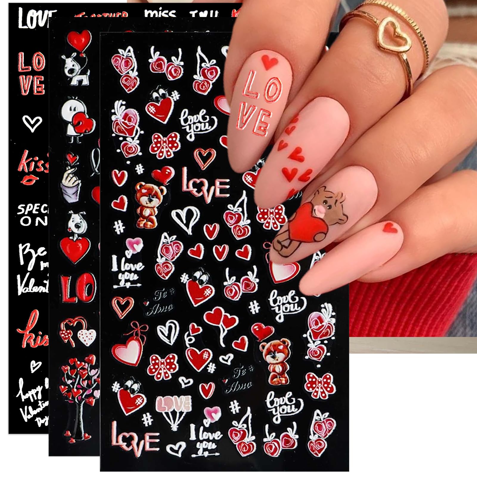 IDDFEVE embossed Valentine nail stickers on sheets for instant romantic nails