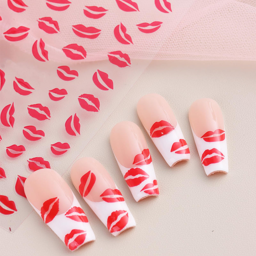 IDDFEVE kiss stickers on nails showcase bold red, black, and white accents.