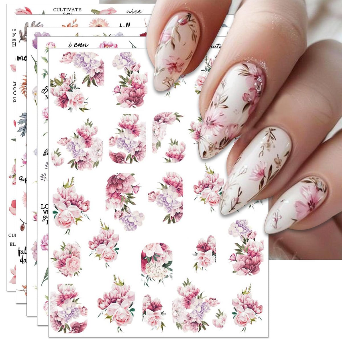 IDDFEVE peony nail stickers with pink petals and leaves for elegant spring nails