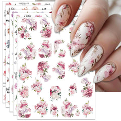 IDDFEVE peony nail stickers with pink petals and leaves for elegant spring nails
