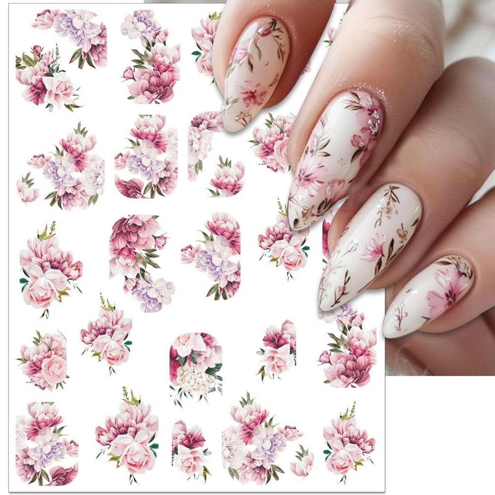 IDDFEVE pink peony decals with leaf accents for quick DIY nail art