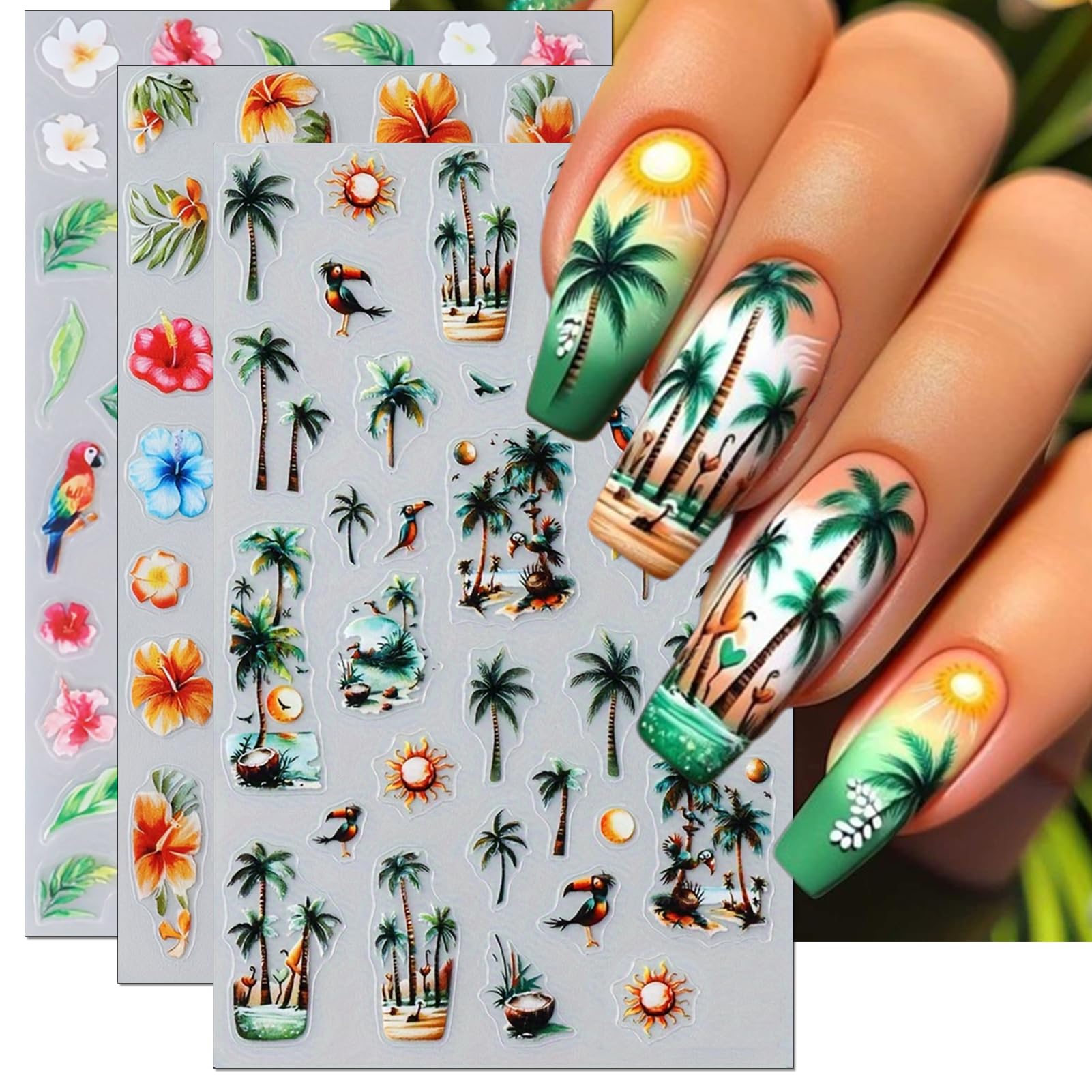 IDDFEVE palm tree nail stickers for a vibrant tropical manicure on natural or artificial nails.