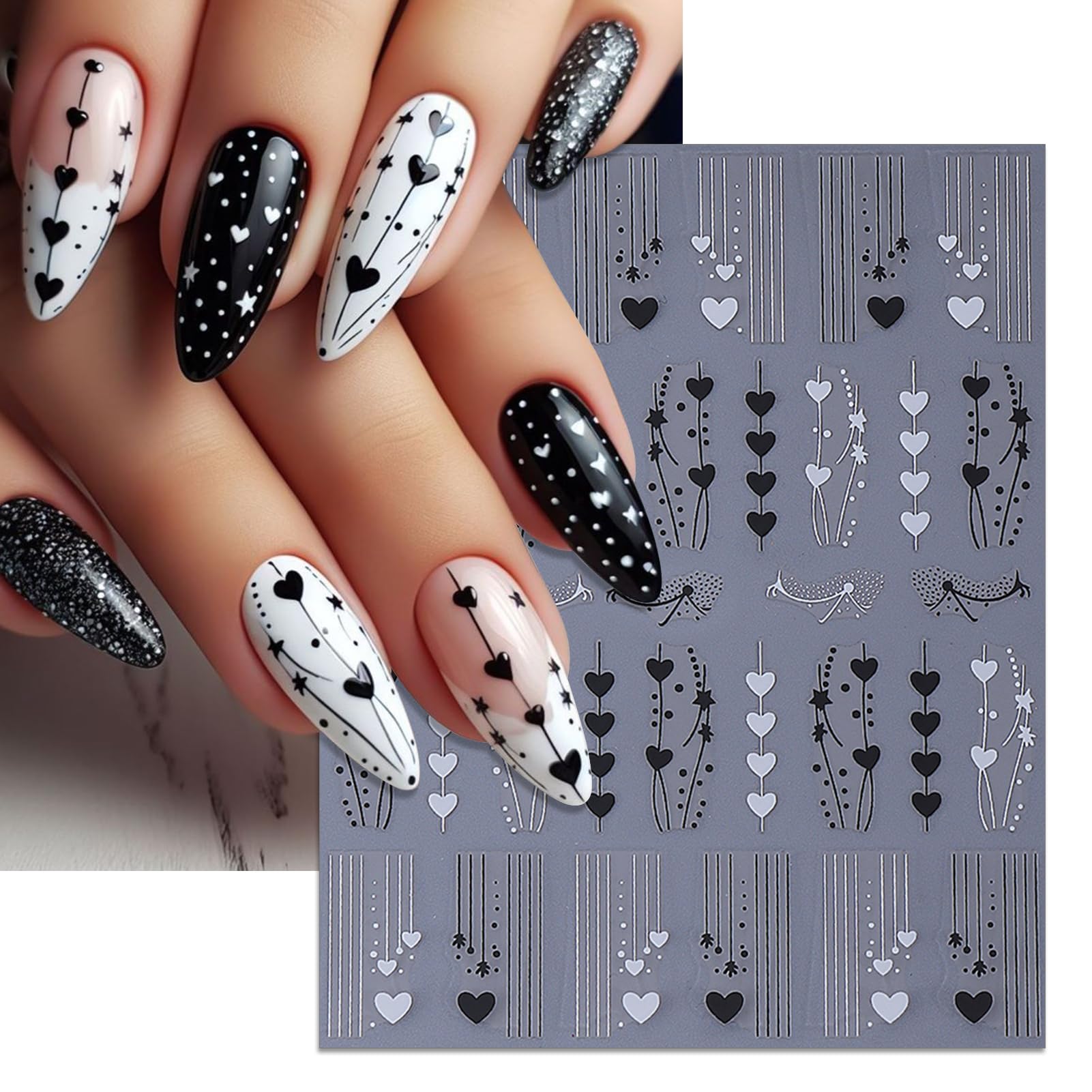 Close-up of IDDFEVE heart-line decals on a nail for a sleek look.