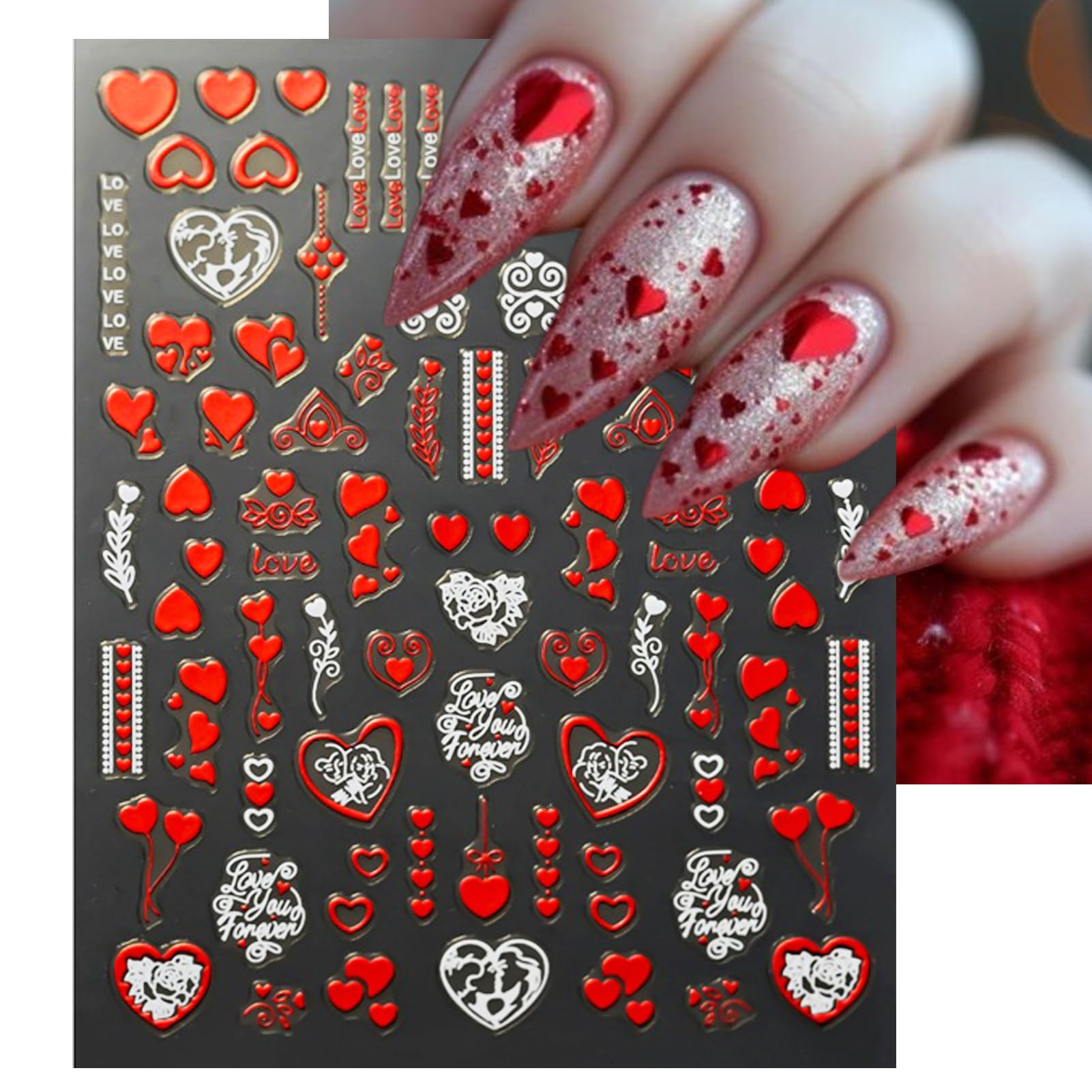 IDDFEVE red and white heart decals add a glossy finish to DIY nails.