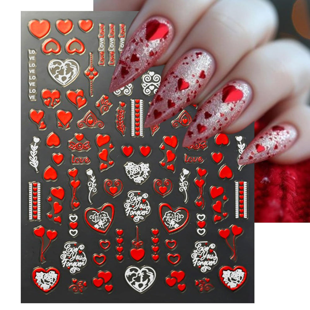 IDDFEVE red and white heart decals add a glossy finish to DIY nails.