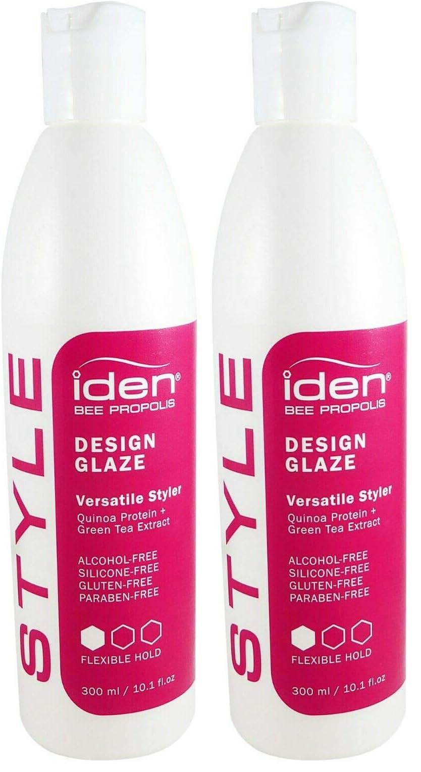 IDEN Style Therapy Design Glaze bottle pour demonstrates curl definition with heat protection.