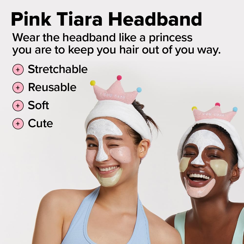 I DEW CARE Pink Tiara headband keeps hair away during masking sessions.
