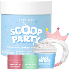 I DEW CARE Scoop Party set showcasing the three masks for hydration and gentle exfoliation.