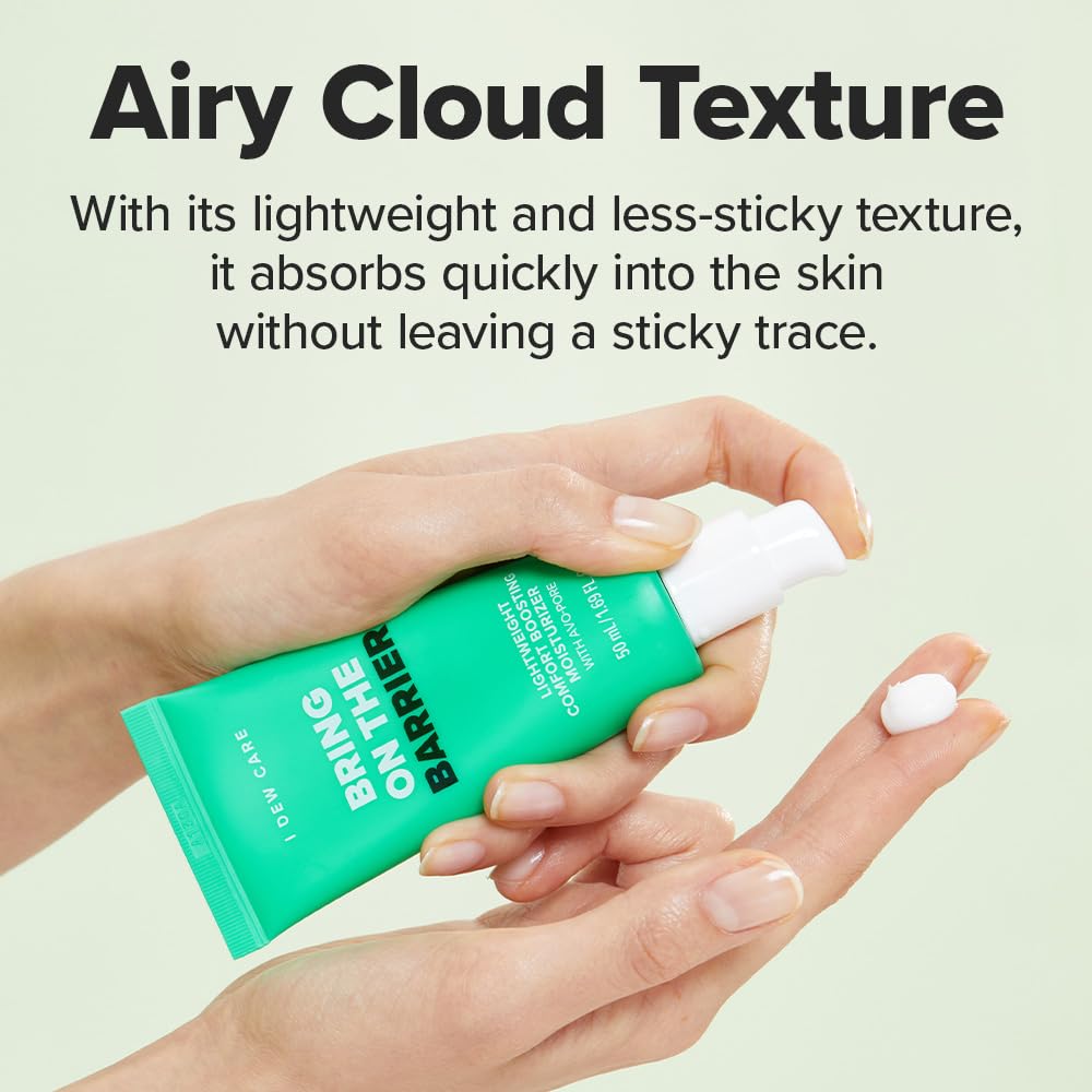 I DEW CARE Bring On The Barrier bottle on surface shows clean, fast-absorbing moisture.