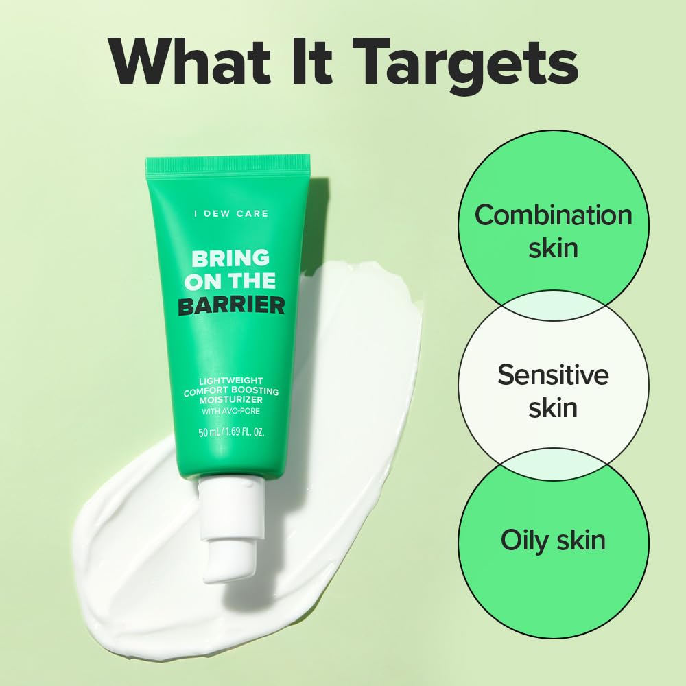 I DEW CARE Tea Tree and AHA icons illustrate soothing, clarifying ingredients.