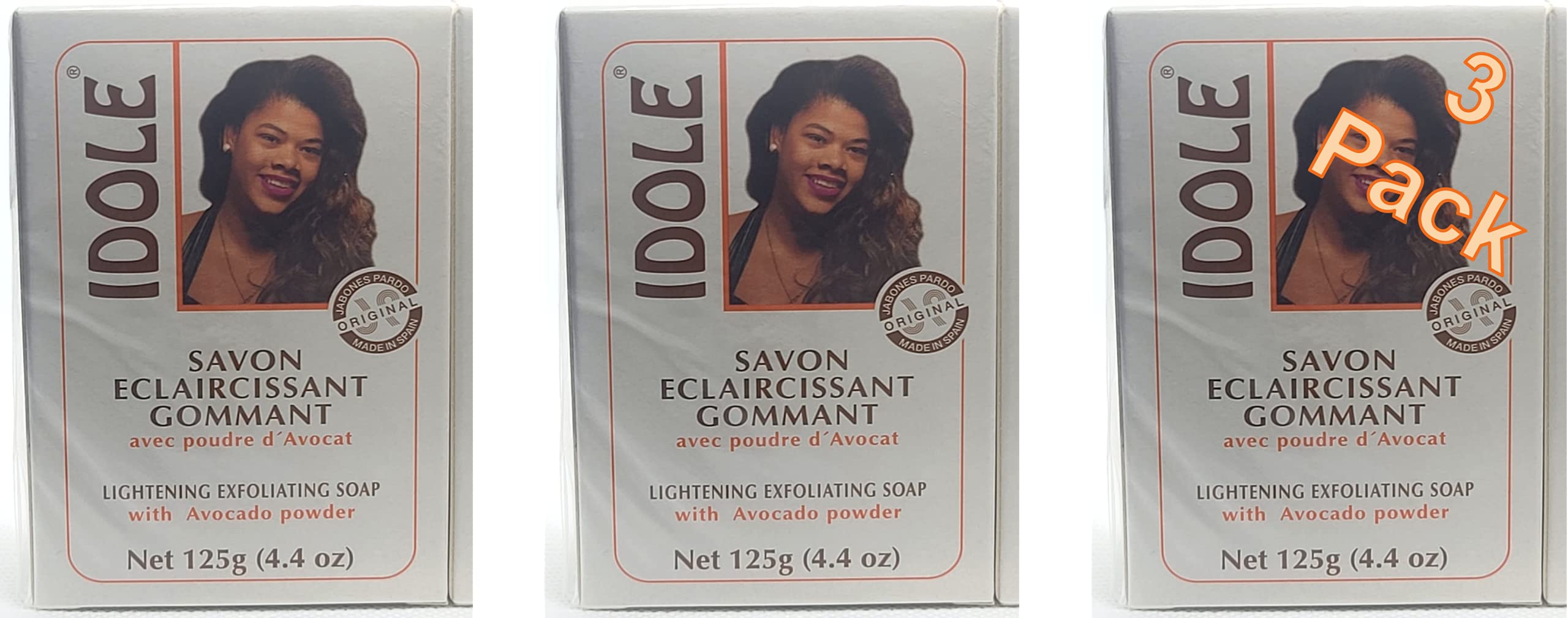 Idole Exfoliating Soap bar front view shows avocado seed powder for gentle exfoliation.