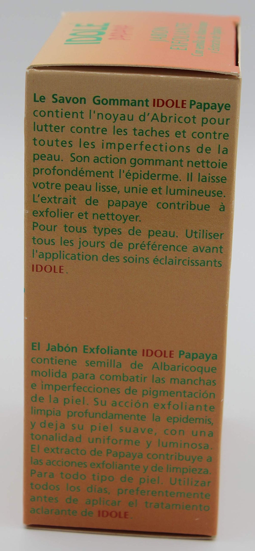 Idole Papaya Exfoliant Soap ingredients highlight papaya for natural care.