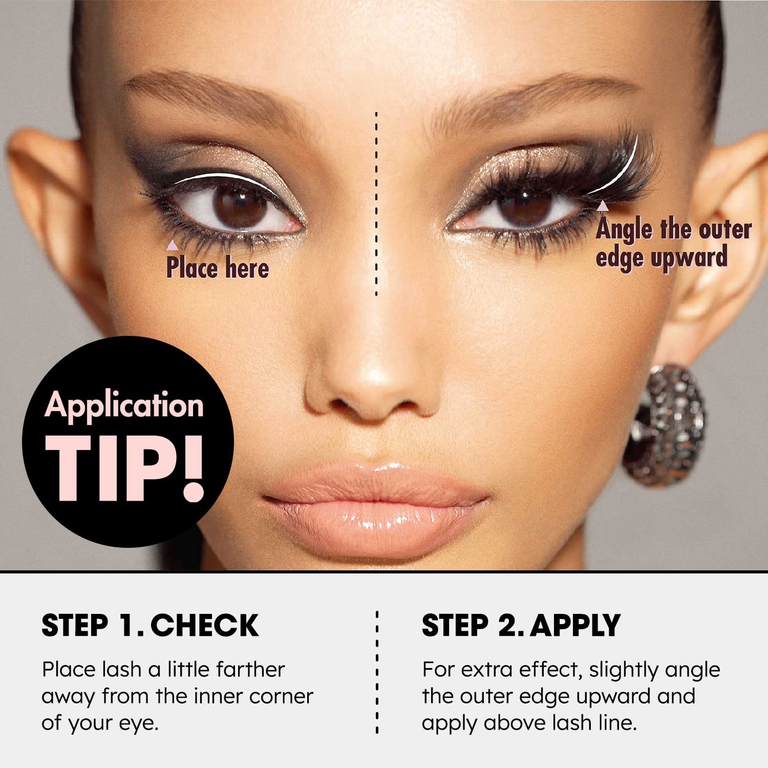 Model demonstrates fox-eye lift using ienvy Feline Vibe lashes for sultry definition.