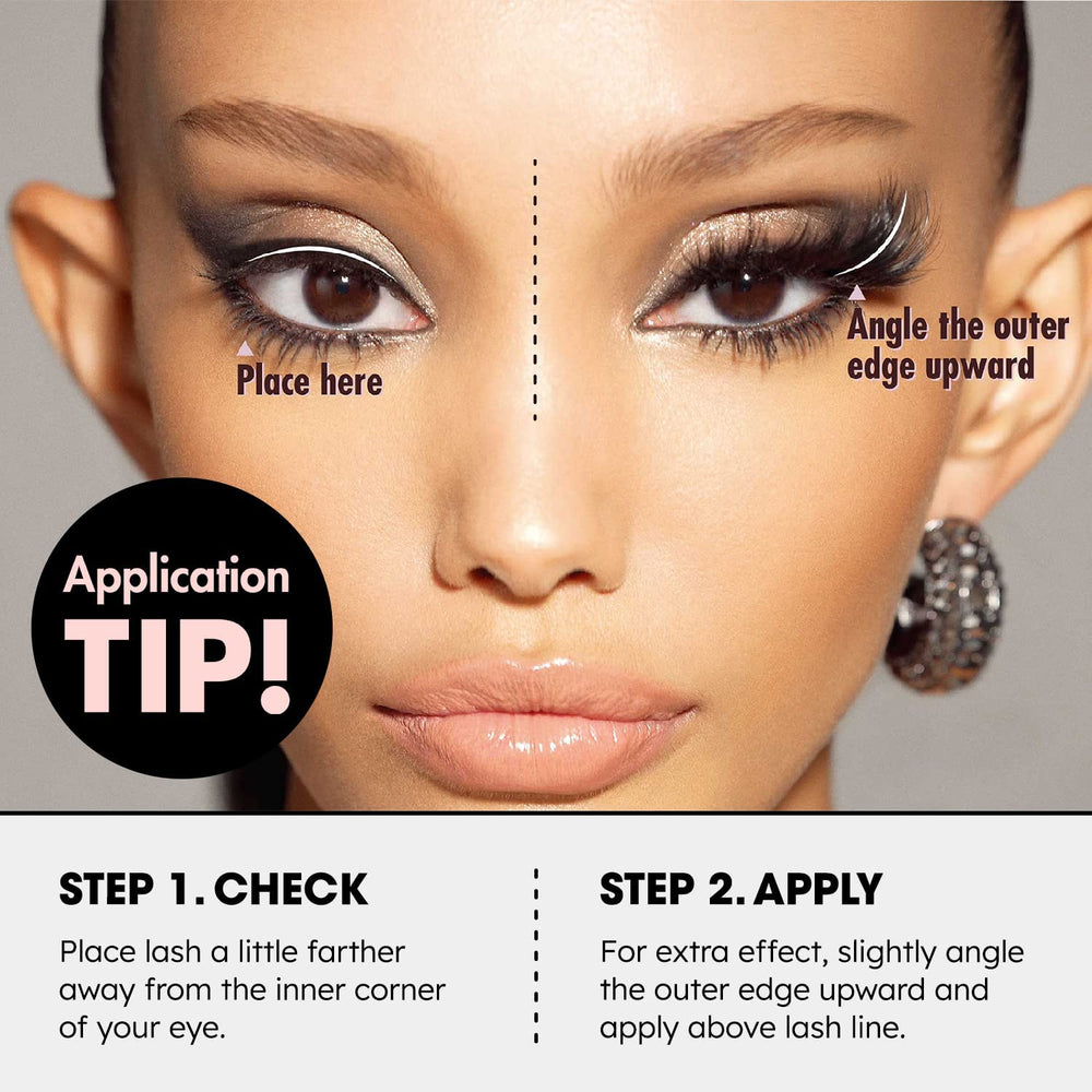 Model demonstrates fox-eye lift using ienvy Feline Vibe lashes for sultry definition.