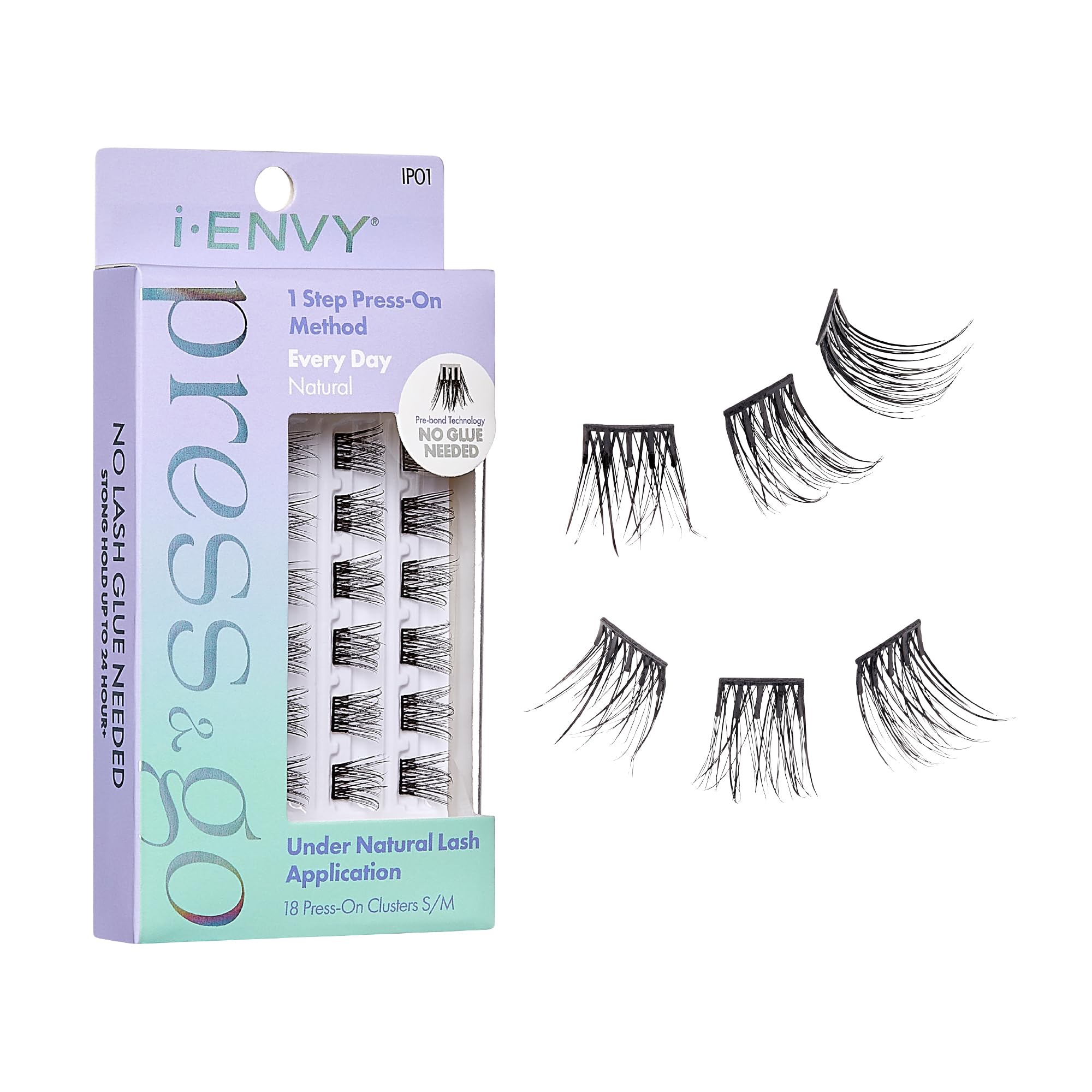 ienvy Press&amp;Go packaging showcases glue-free lash option for quick, mess-free wear.