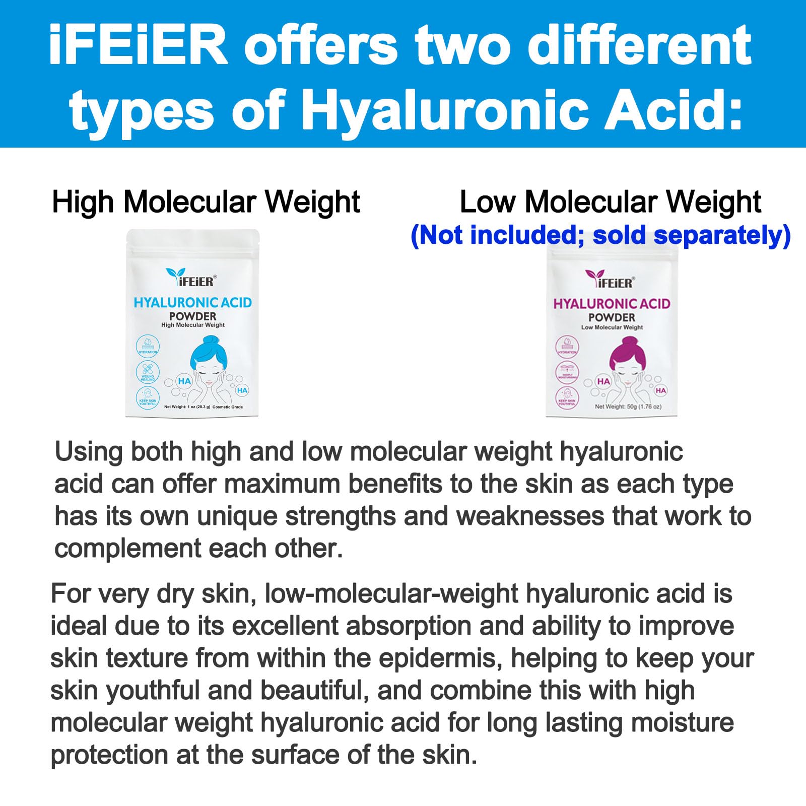 ifeier Hyaluronic Acid Powder ingredients list close-up.