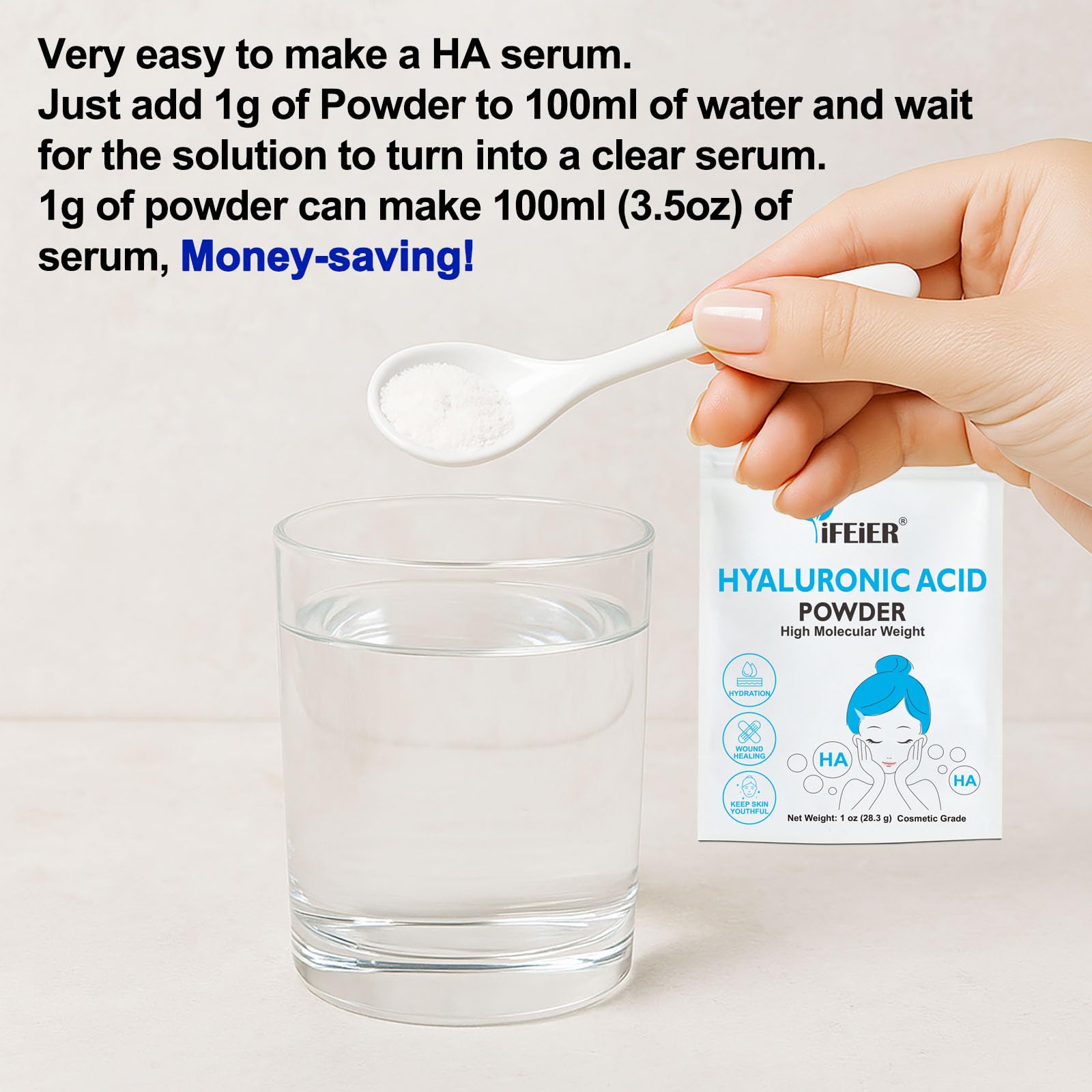 ifeier Hyaluronic Acid Powder dissolves into water for clear serum.