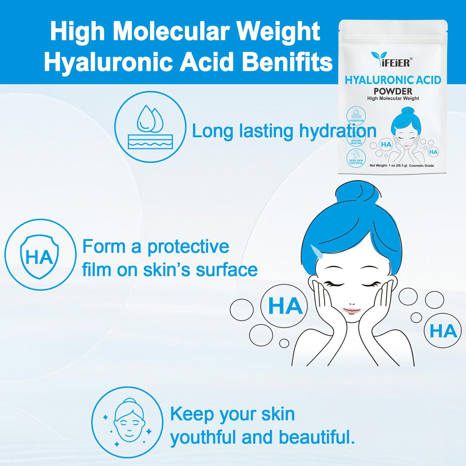 ifeier Hyaluronic Acid Powder ready for mixing in your home routine.