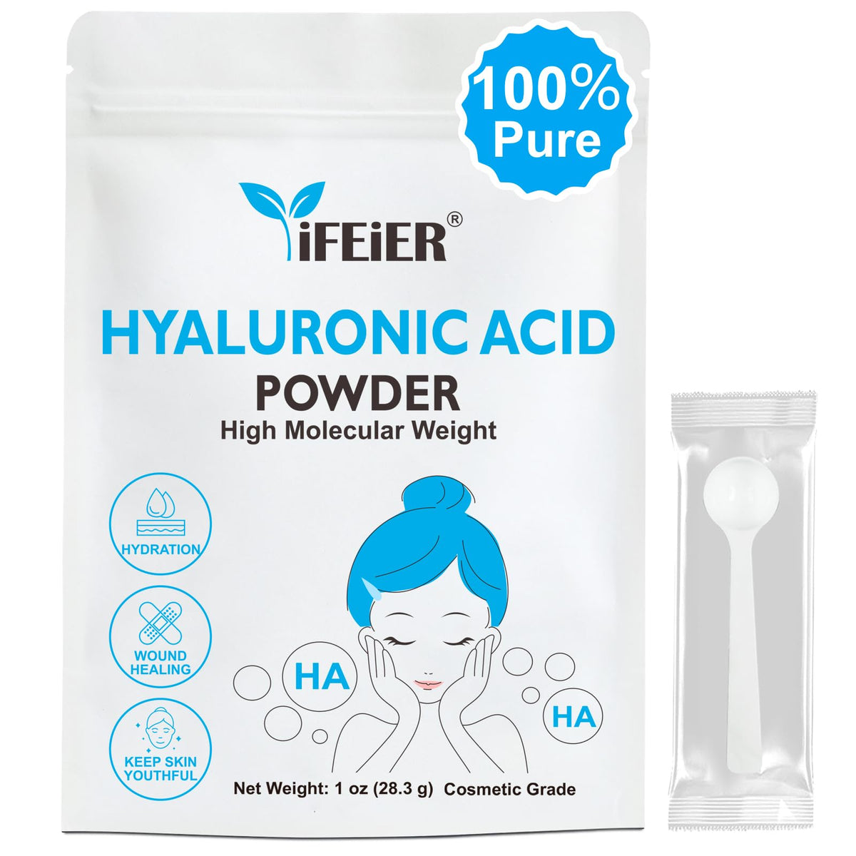 ifeier Hyaluronic Acid Powder in a jar for DIY serums.