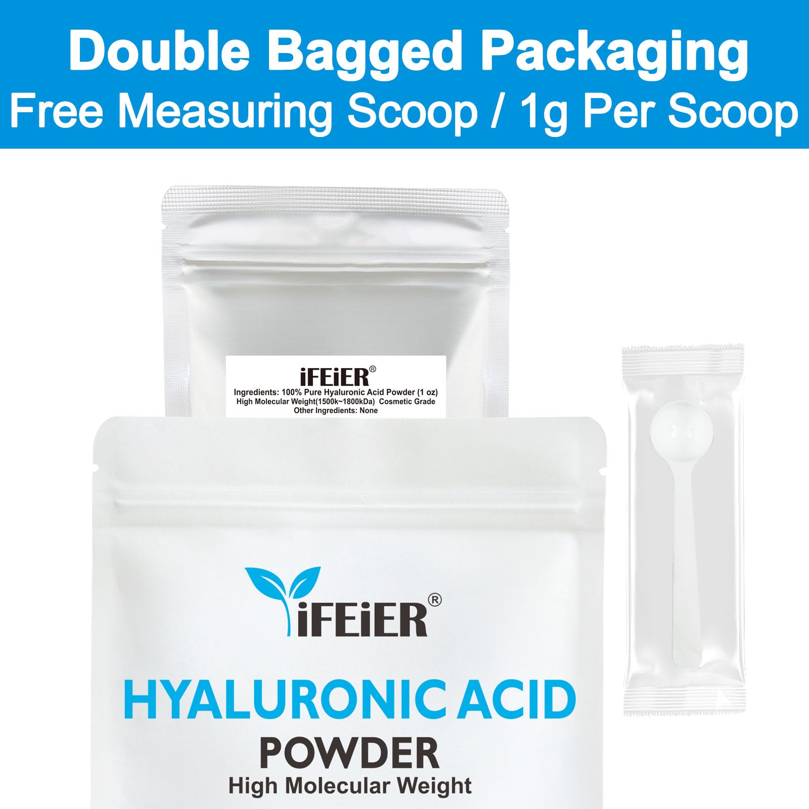 ifeier Hyaluronic Acid Powder label close-up shows cosmetics-grade quality.