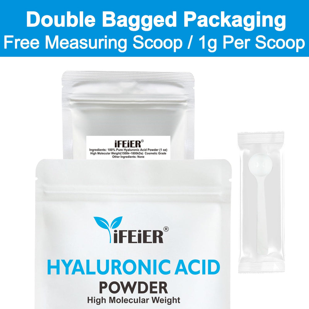ifeier Hyaluronic Acid Powder label close-up shows cosmetics-grade quality.
