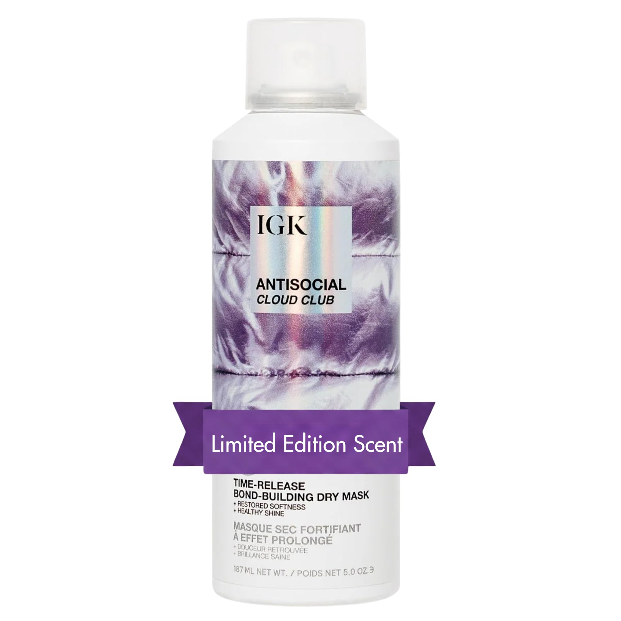 IGK Antisocial Cloud Club dry hair mask bottle viewed from side, highlighting sleek design and glossy finish